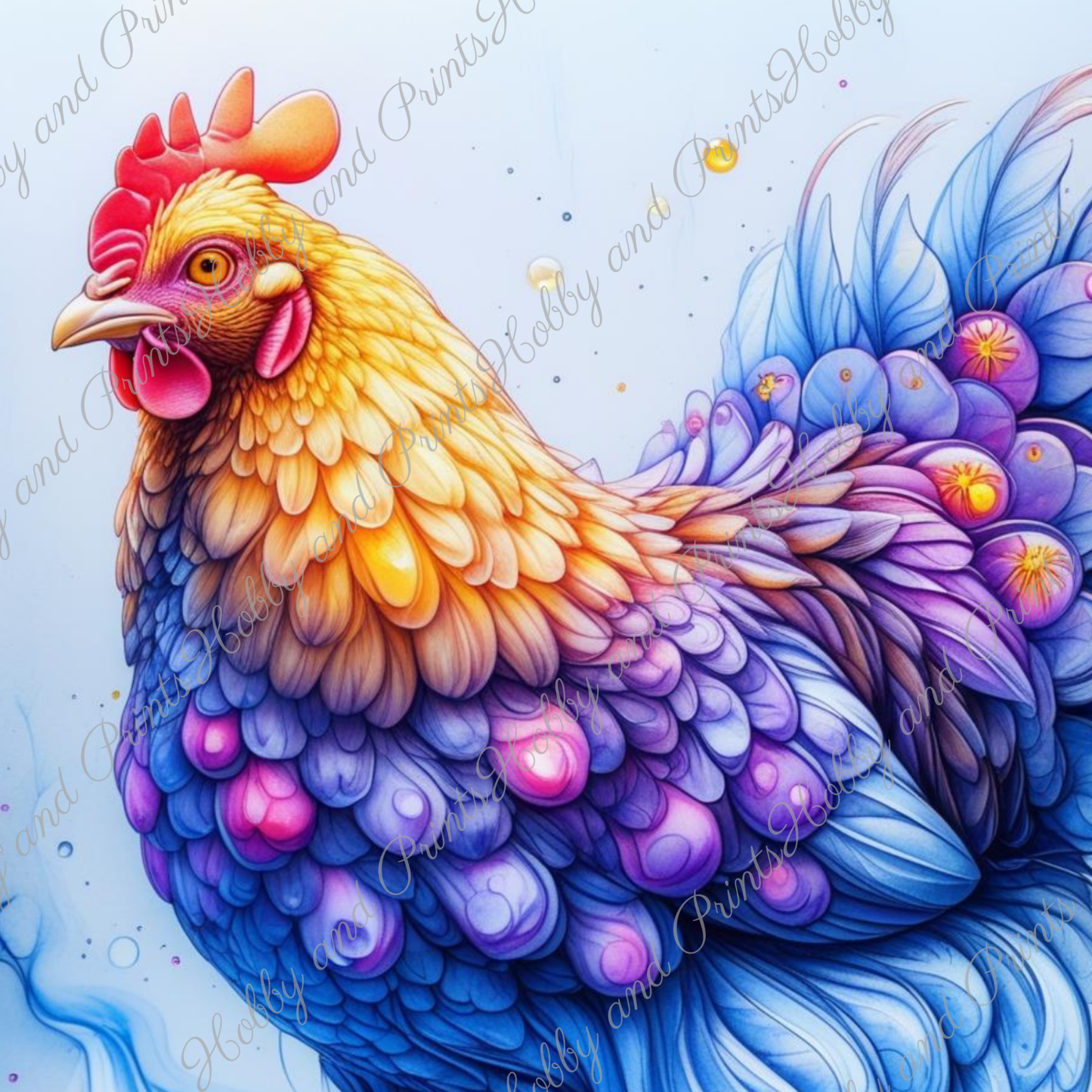 Buntes Huhn in gelb blau