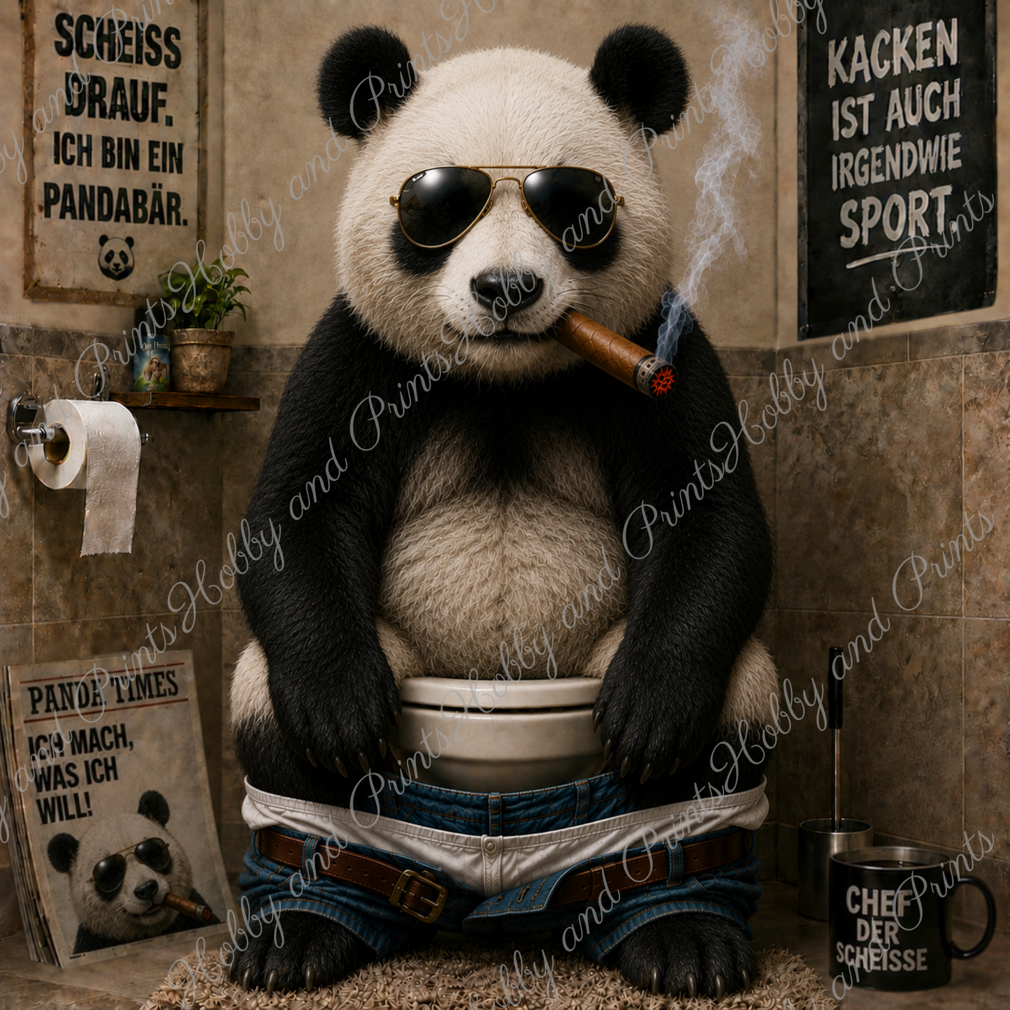 rauchender Pandabär auf seinem Toilettenthron