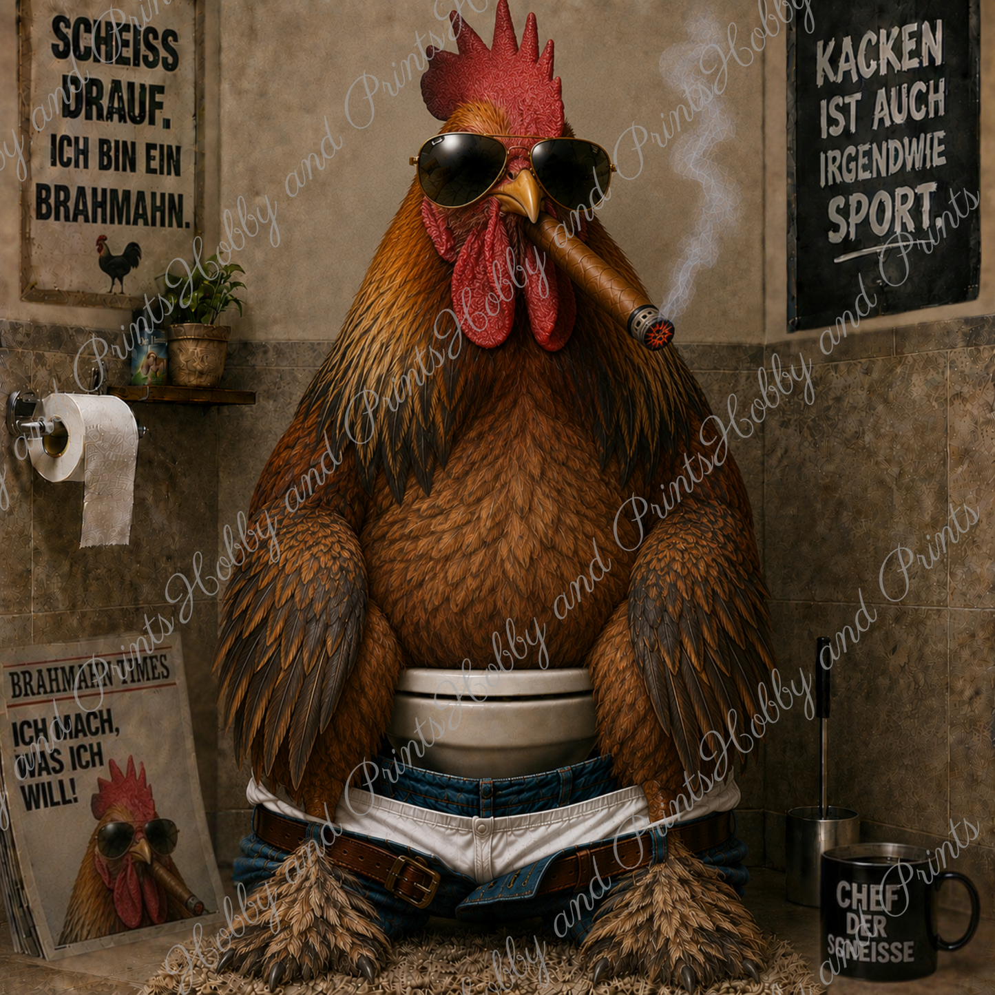 rauchender Brahma Hahn auf seinem Toilettenthron
