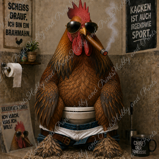 rauchender Brahma Hahn auf seinem Toilettenthron