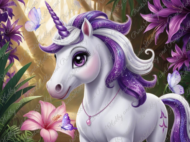 Gloria - süßes Einhornkind mit violetten Horn und Strähnen