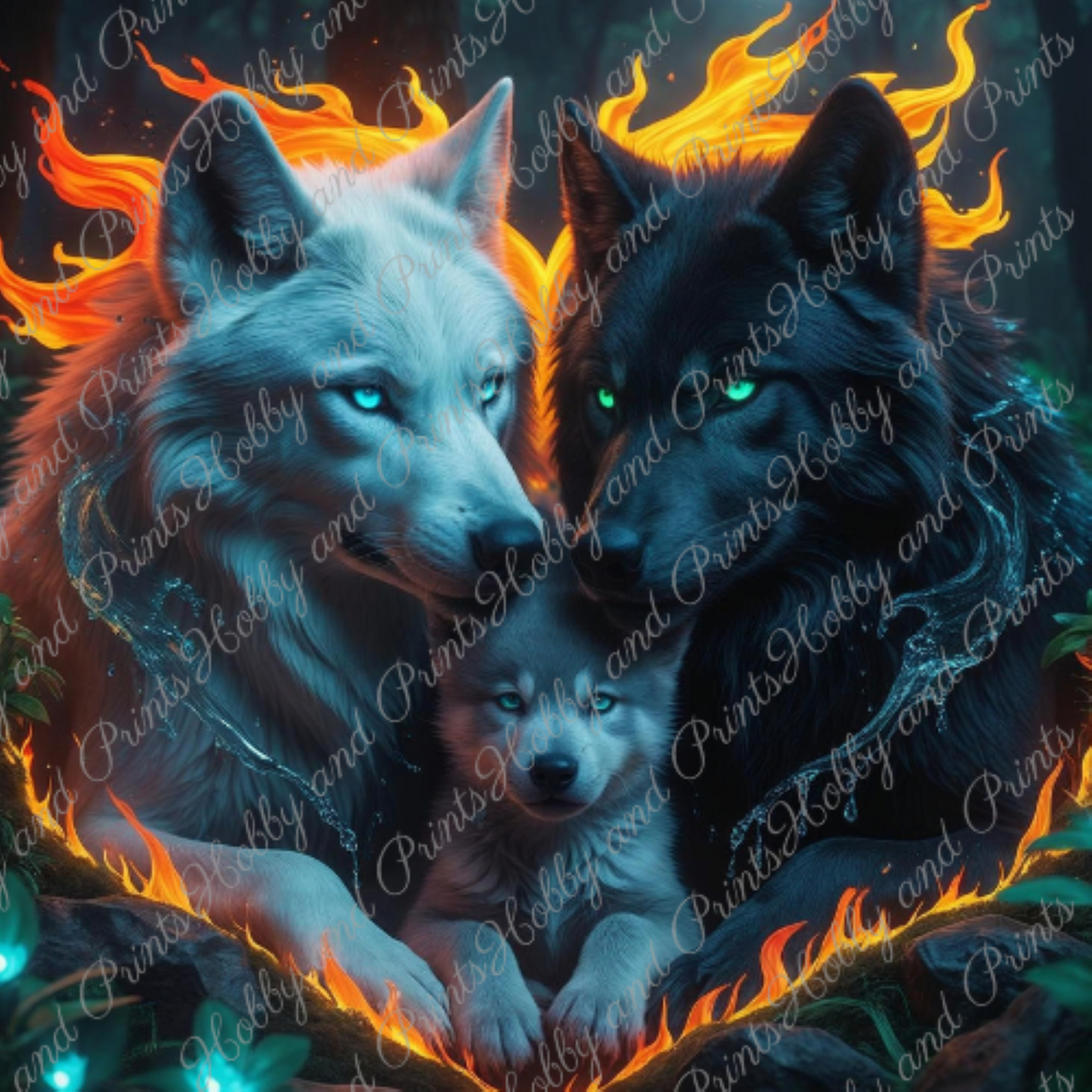 Wolfsfamilie im Flammenherz