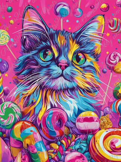 bunte Katze mit Süßigkeiten
