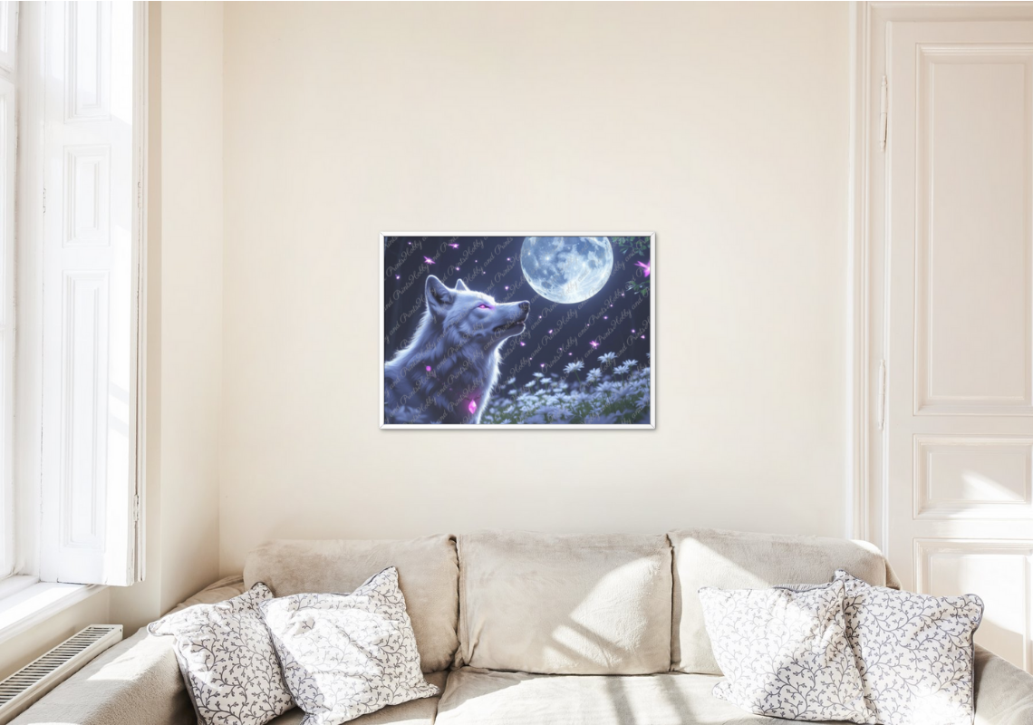 weißer Wolf unter Vollmond