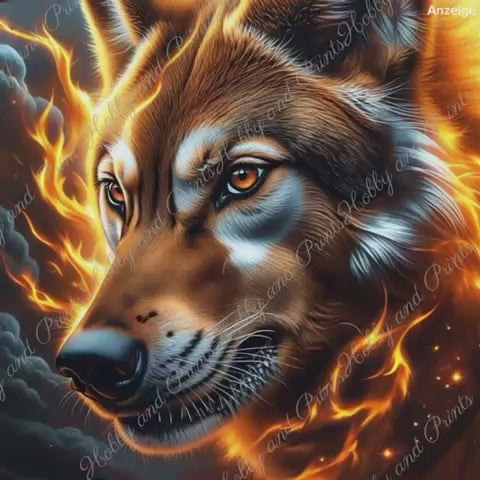 brauner Wolf im Flammenwirbel