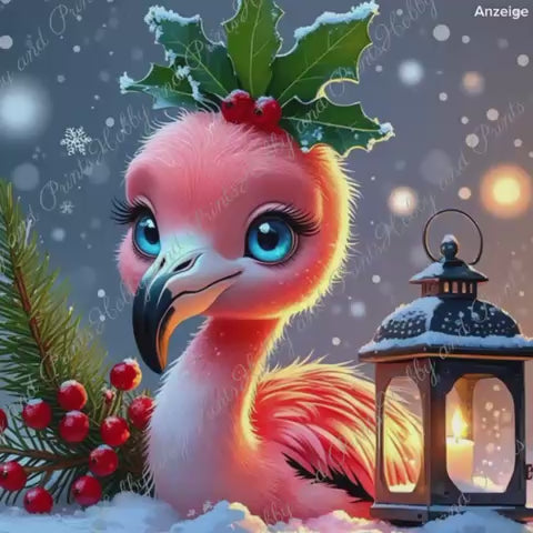 Babyflamingo im Winter mit blauen Augen
