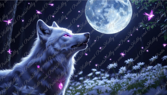weißer Wolf unter Vollmond